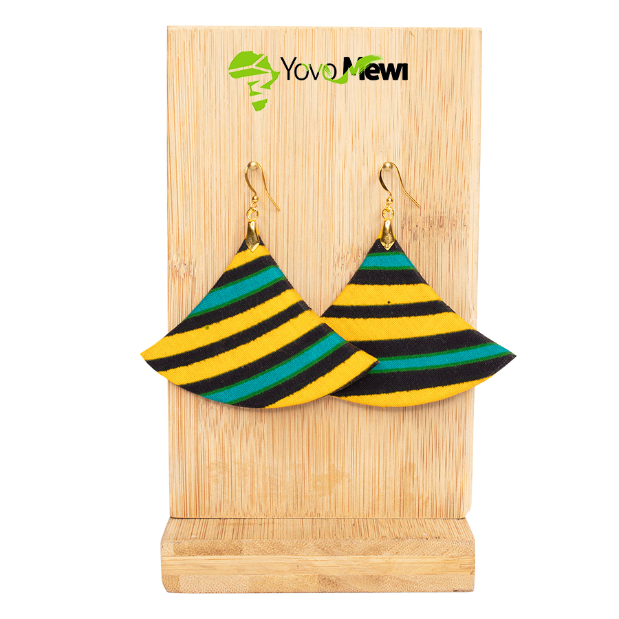 Boucles d'oreilles éventail, tissu wax bogolan, vert et jaune, hauteur variable 6 cm ou 4 cm, bijoux wax  n.40