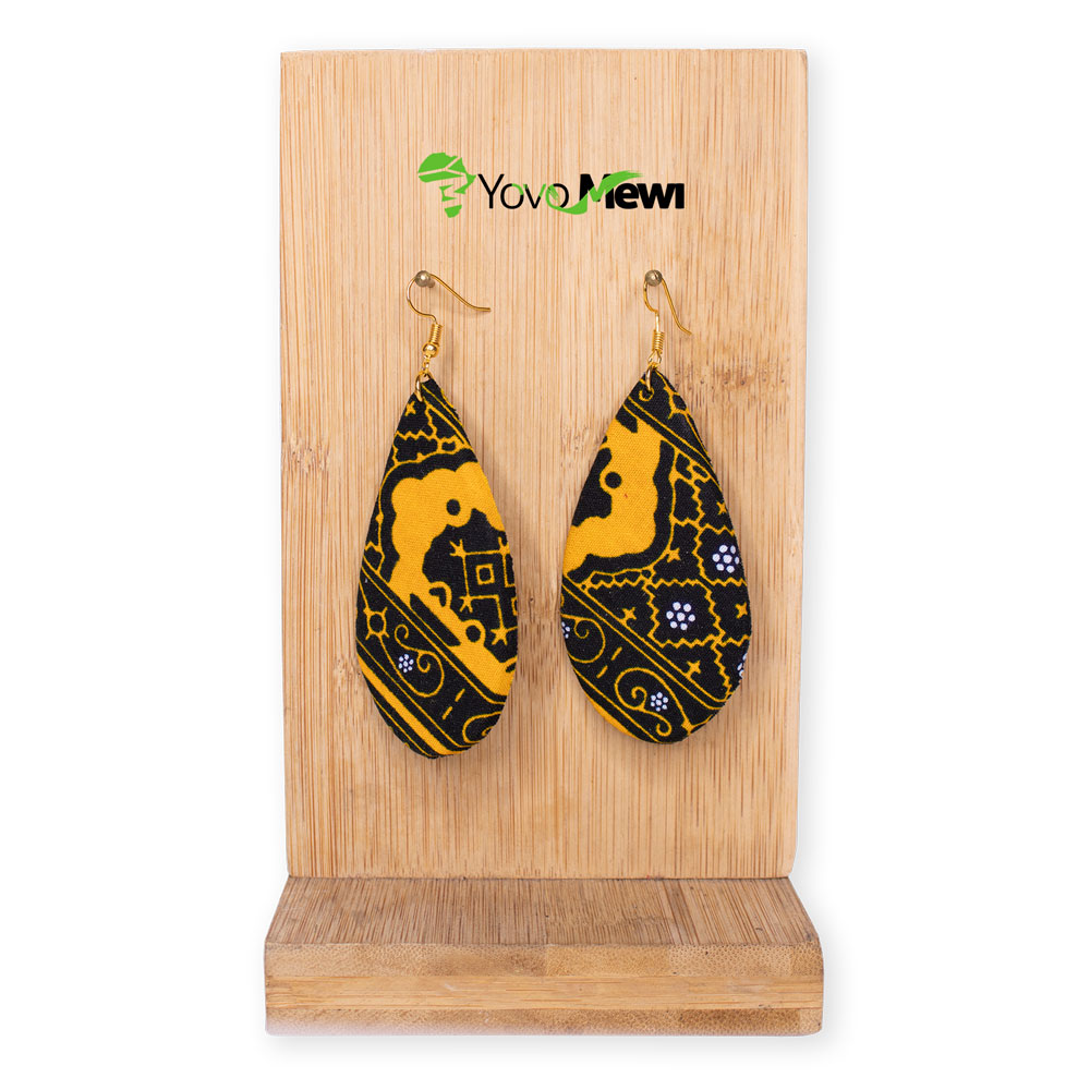 Boucles d'oreilles en wax noir et jaune, forme goutte, hauteur variable, bijoux wax   n.42