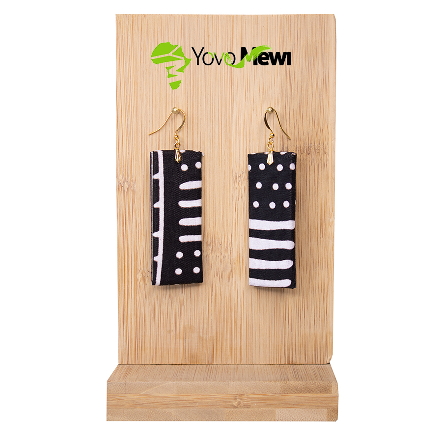 Boucles d'oreilles en tissu wax bogolan noir blanc, forme Rectangle, bijoux wax Hauteur 6 et 5cm / n.47