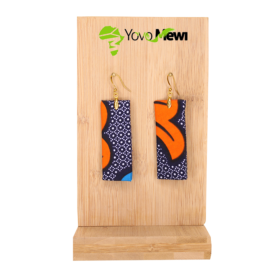 Boucles d'oreilles en wax tissu Fleurs de mariage bleu orange , forme Rectangle , Hauteur 6 et 5cm / n.78