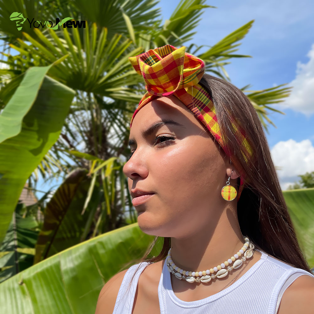 Ensemble Turban Head-band en wax Madras orange jaune , accessoire cheveux et boucles d'oreilles, bijoux madras n.4