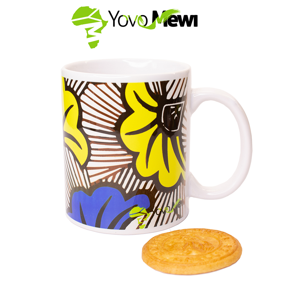 Mug Céramique Fleurs de mariage bleu jaune tissu wax personnalisable