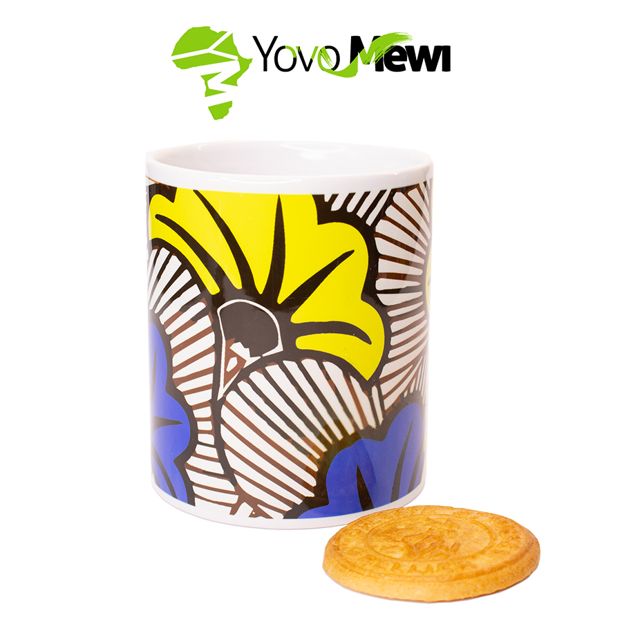 Mug Céramique Fleurs de mariage bleu jaune tissu wax personnalisable