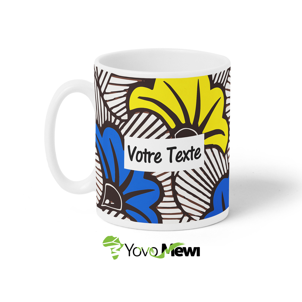 Mug Céramique Fleurs de mariage bleu jaune tissu wax personnalisable