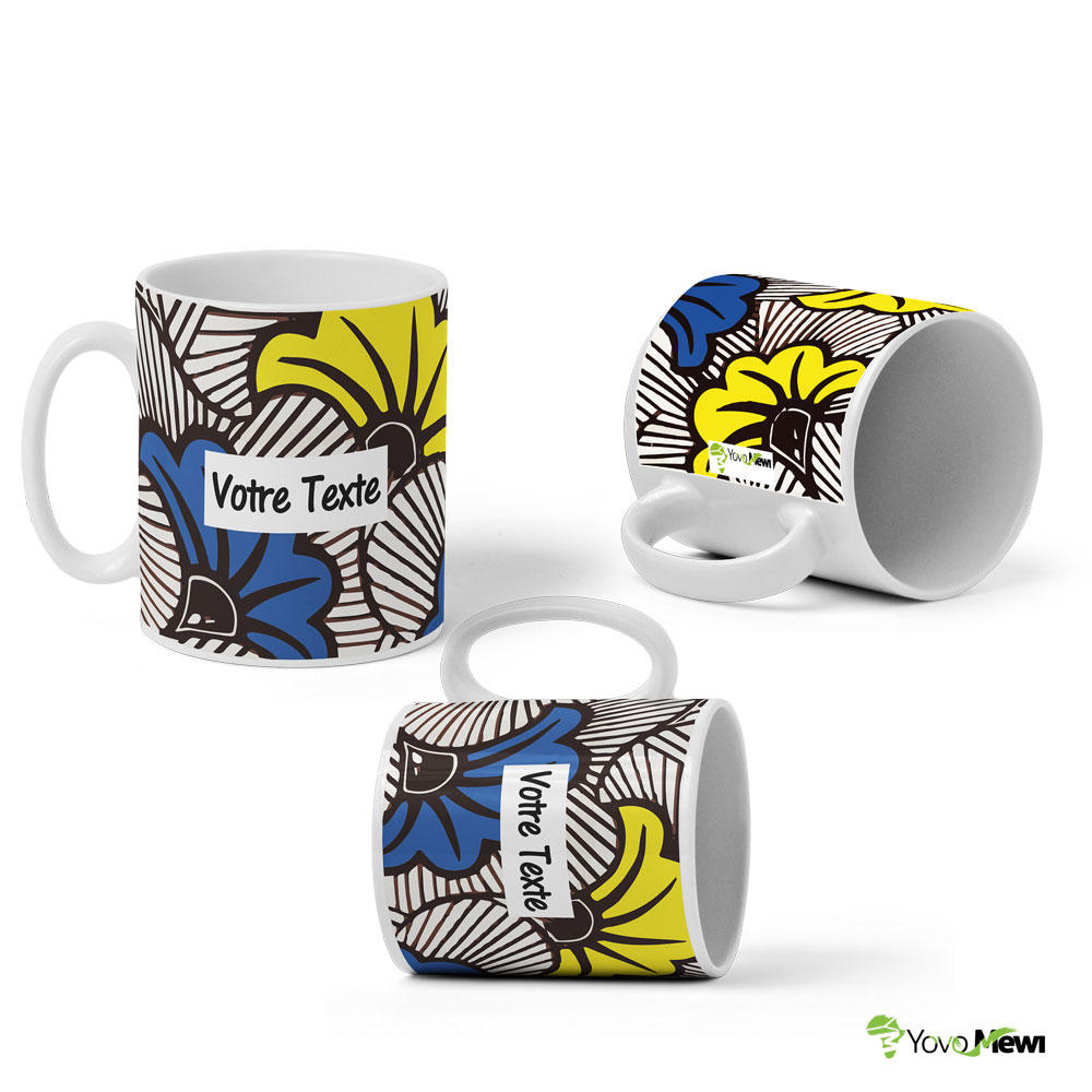 Mug Céramique Fleurs de mariage bleu jaune tissu wax personnalisable