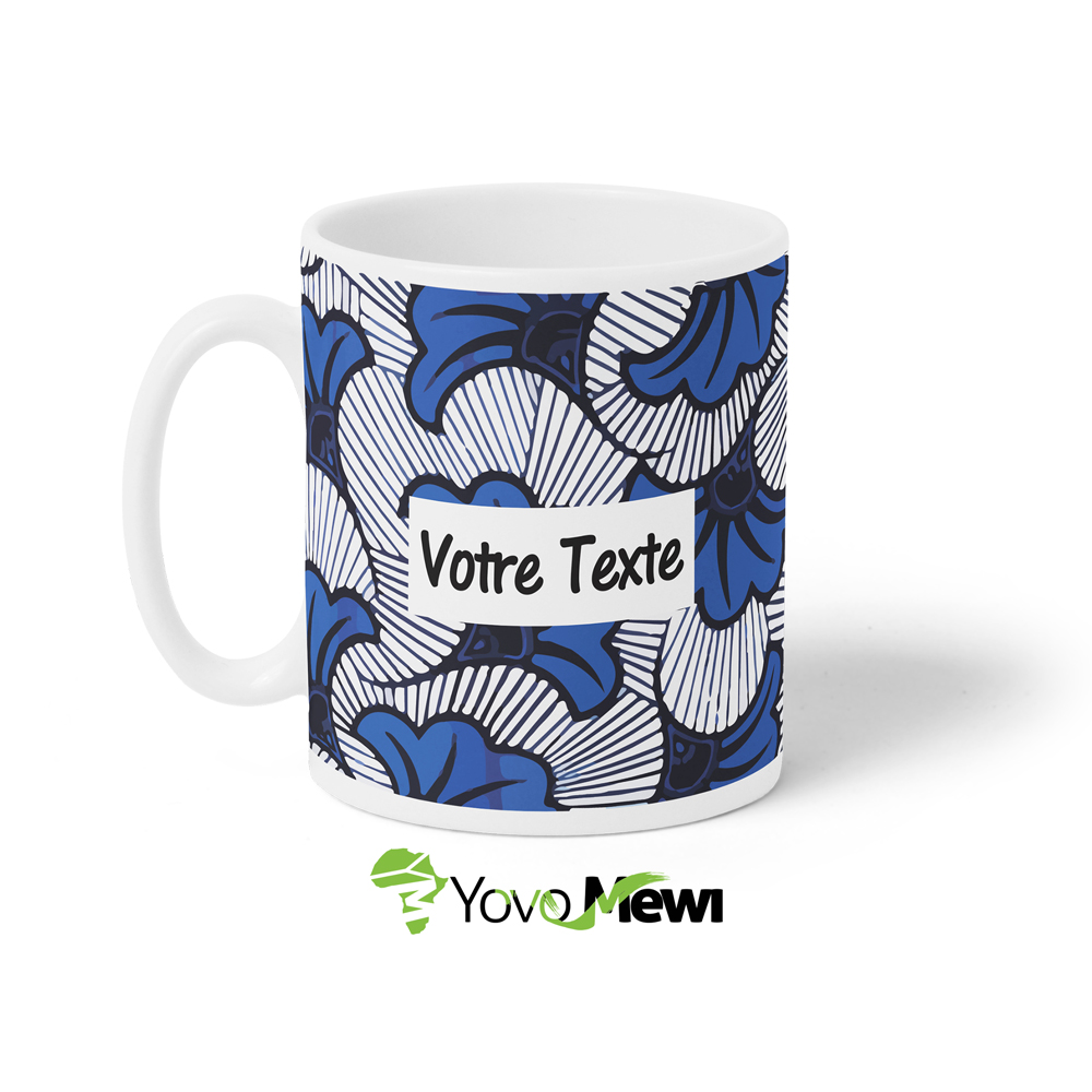 Mug Fleurs de mariage tissu wax bleu blanc, tasses céramique à café personnalisées