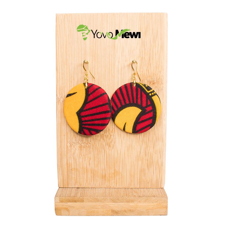 Boucles d'oreilles en tissu wax Fleurs de mariage forme ronde, rouge jaune, bijoux wax n.59