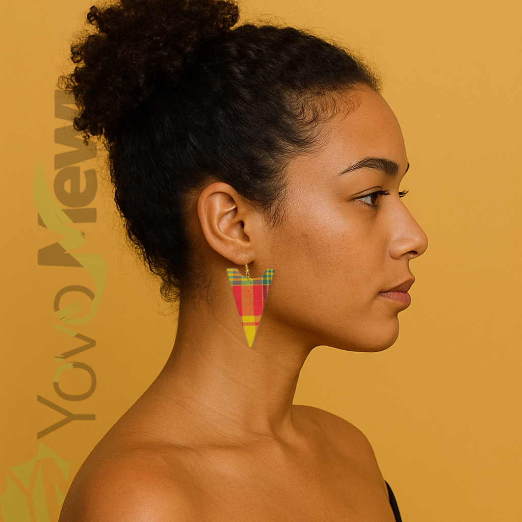 Boucles d'oreilles en tissu madras, forme triangle jaune orange rouge, bijoux en madras  n. 222