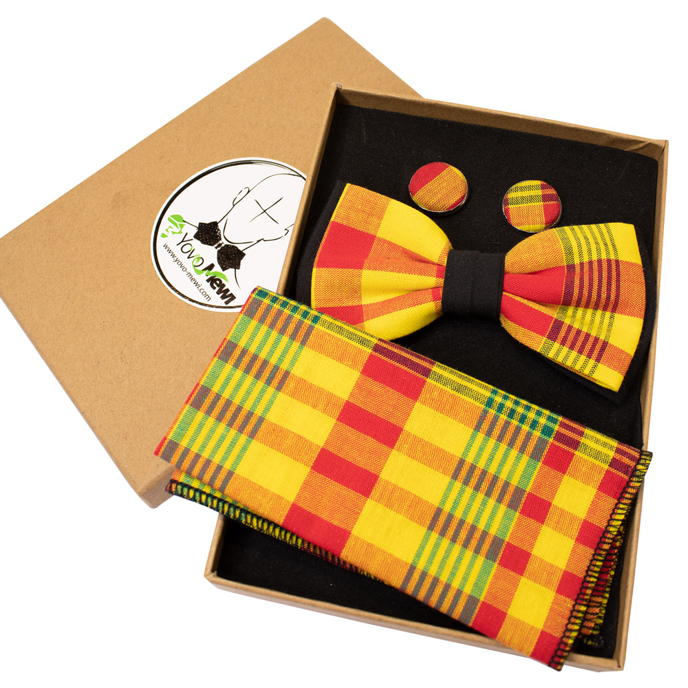 Nœud papillon + Pochette de costume + boutons de manchettes, tissu madras, Jaune orange, Nœud  Ajustable, accessoire de Mariage.n6