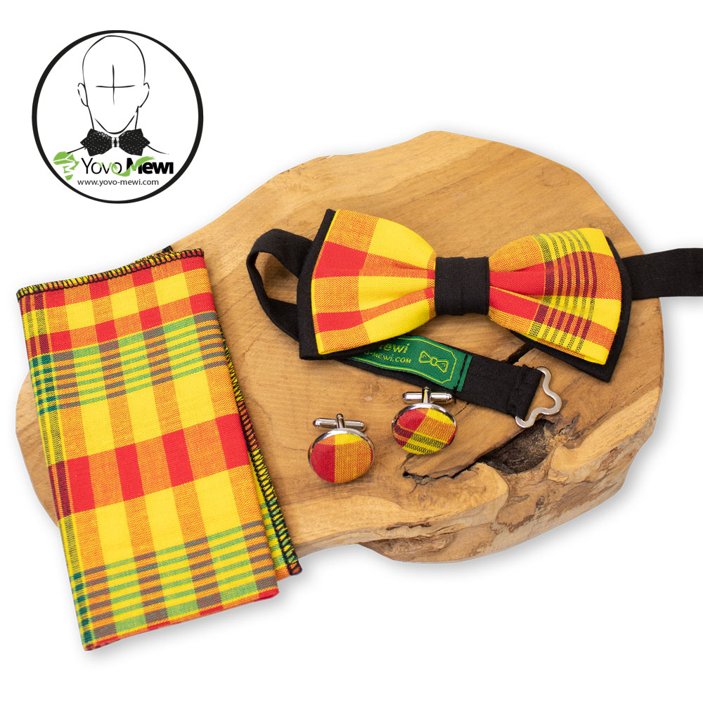 Nœud papillon + Pochette de costume + boutons de manchettes, tissu madras, Jaune orange, Nœud  Ajustable, accessoire de Mariage.n6