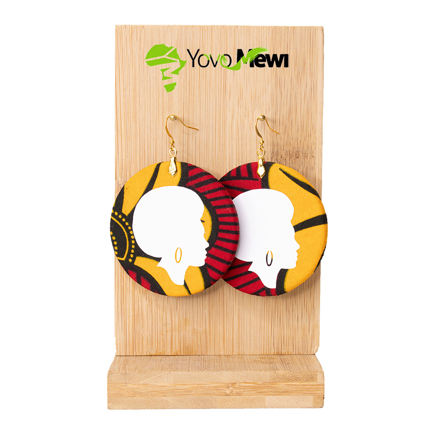 Boucles d'oreilles Nappy en tissu  Wax  Fleurs de mariage / bijoux wax  jaune rouge , forme ronde