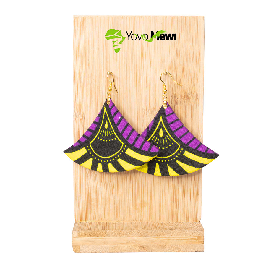 Boucles d'oreilles éventail, tissu wax, violet et jaune, hauteur variable 6 cm, bijoux fleurs de mariage wax  n.83