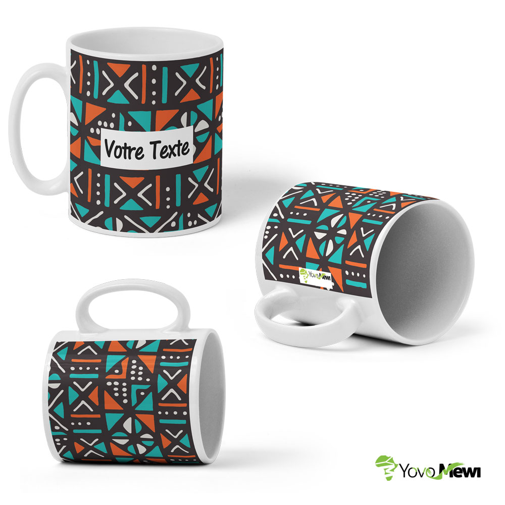 Mug motif samakaka Céramique  en tissu wax bleu orange et noir, disponible de la personnalisé . n.34