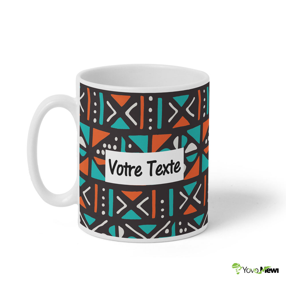 Mug motif samakaka Céramique  en tissu wax bleu orange et noir, disponible de la personnalisé . n.34