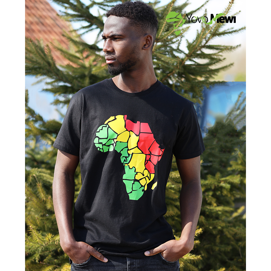 Tee-shirt  carte d'Afrique  vert jaune rouge  coton t-shirt Africa  100% coton coupe mixte