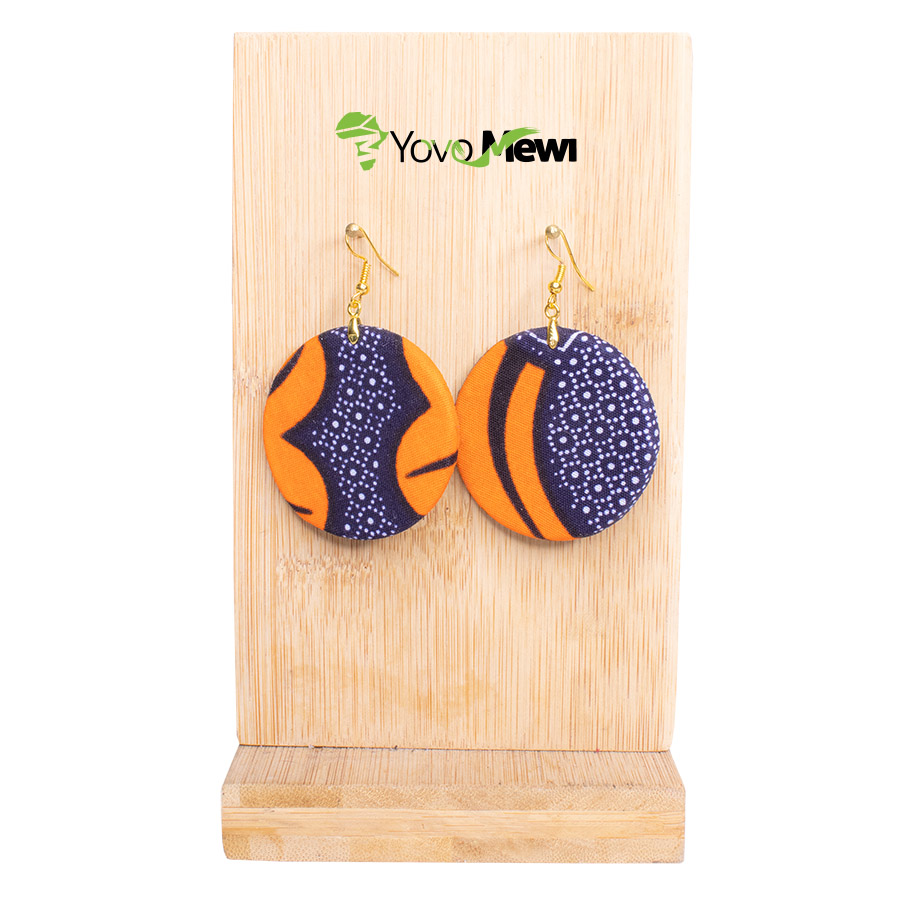 Boucles d'oreilles en tissu wax Fleurs de mariage forme ronde, orange bleu, bijoux wax n.2