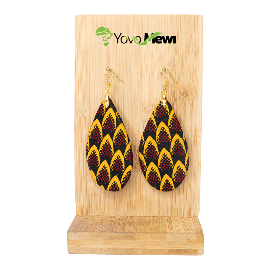 Boucles d'oreilles en tissu wax écailles de poisson, forme goutte, hauteur variable, bijoux en tissu wax  jaune noir n.16