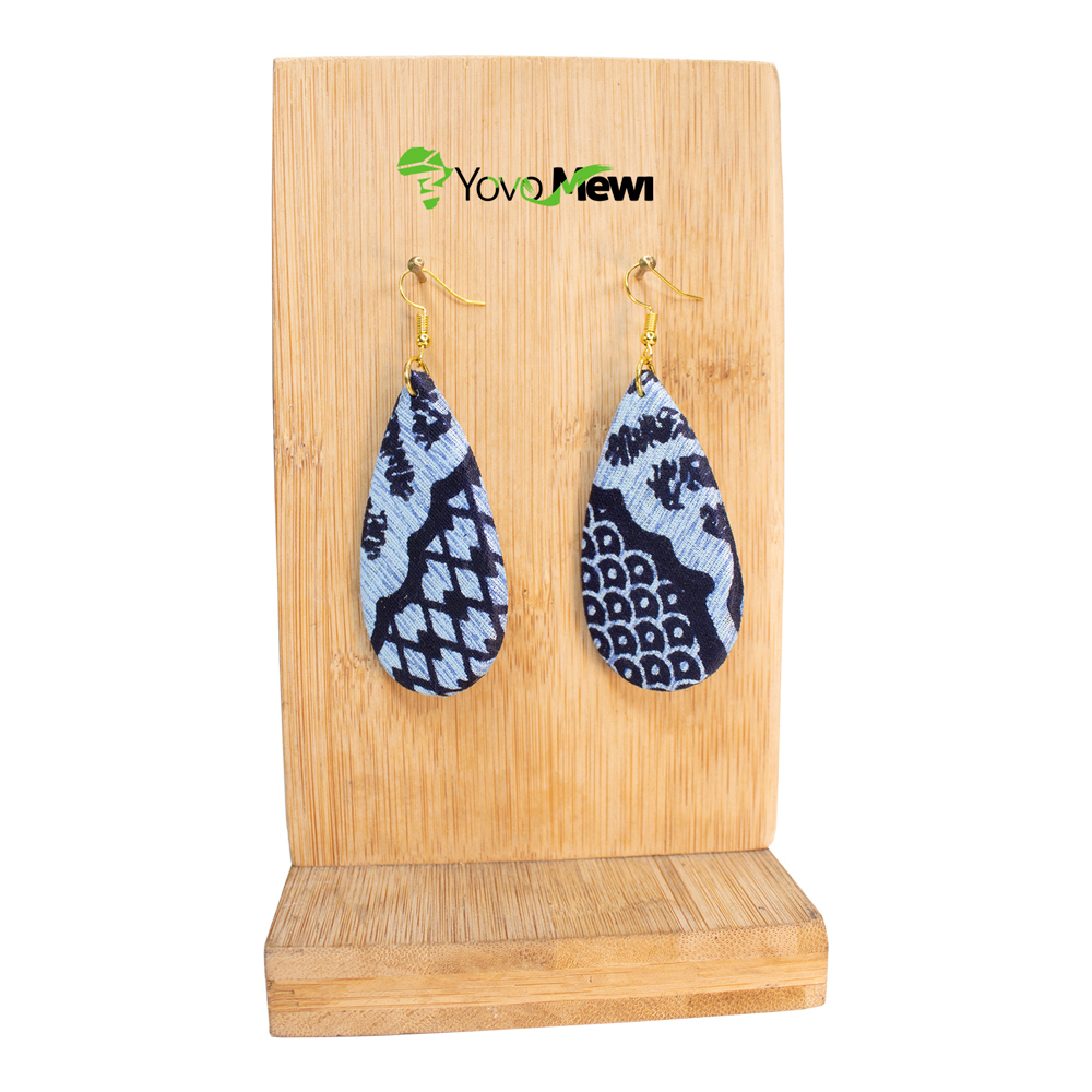 Boucles d'oreilles en wax bleu, forme goutte, hauteur variable, bijoux en tissu wax   n.32