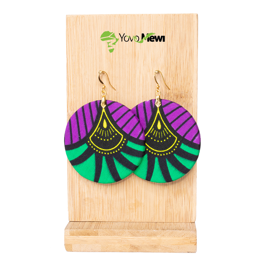 Boucles d'oreilles en tissu wax Fleurs de mariage forme ronde, violet  vert, bijoux en tissu wax n.5