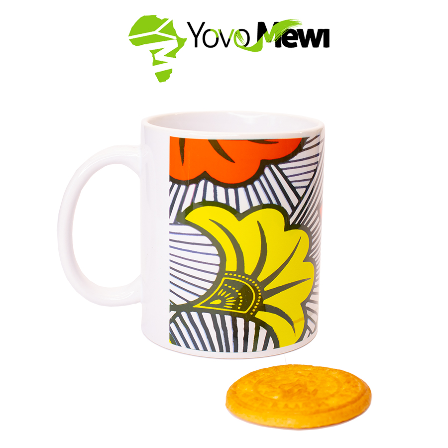 Mug Céramique Fleurs de mariage orange  jaune tissu wax personnalisable