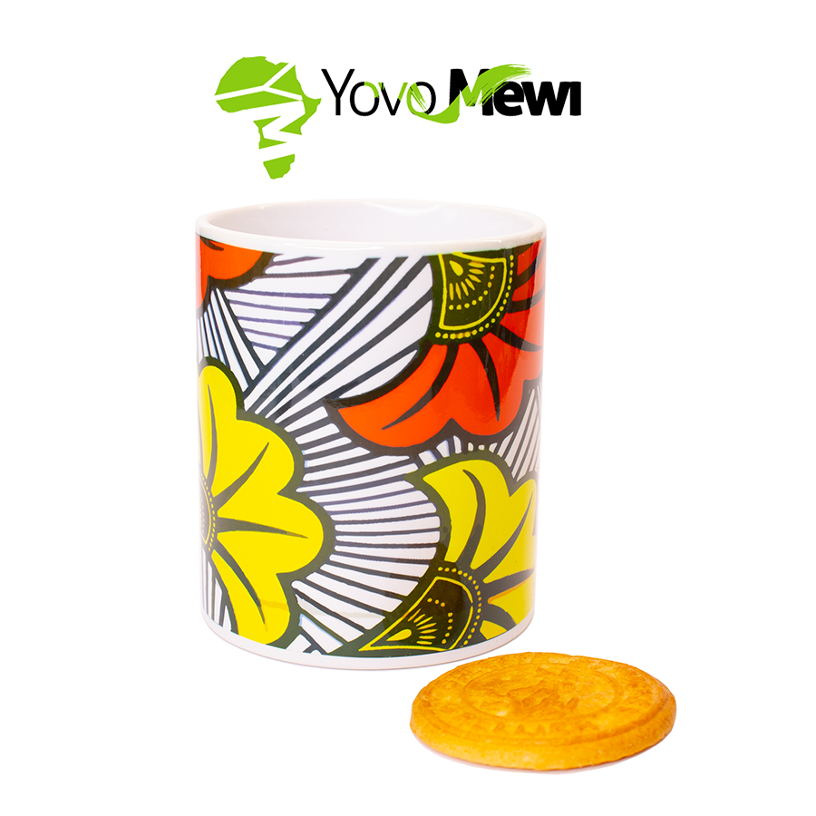 Mug Céramique Fleurs de mariage orange  jaune tissu wax personnalisable