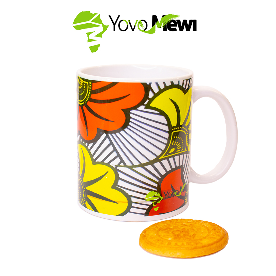 Mug Céramique Fleurs de mariage orange  jaune tissu wax personnalisable