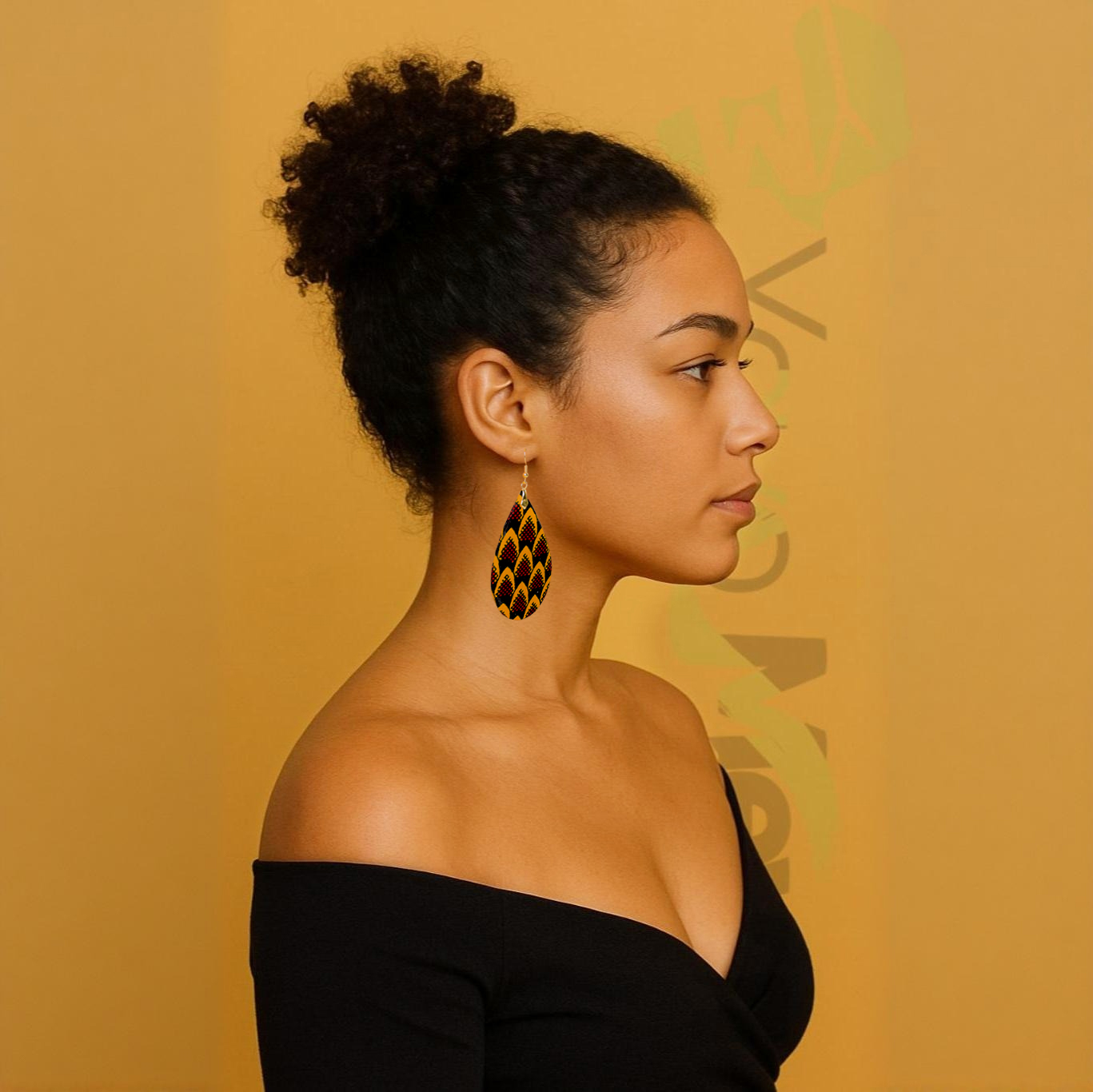 Boucles d'oreilles en tissu wax écailles de poisson jaune noir, forme goutte, hauteur variable, bijoux wax n.16