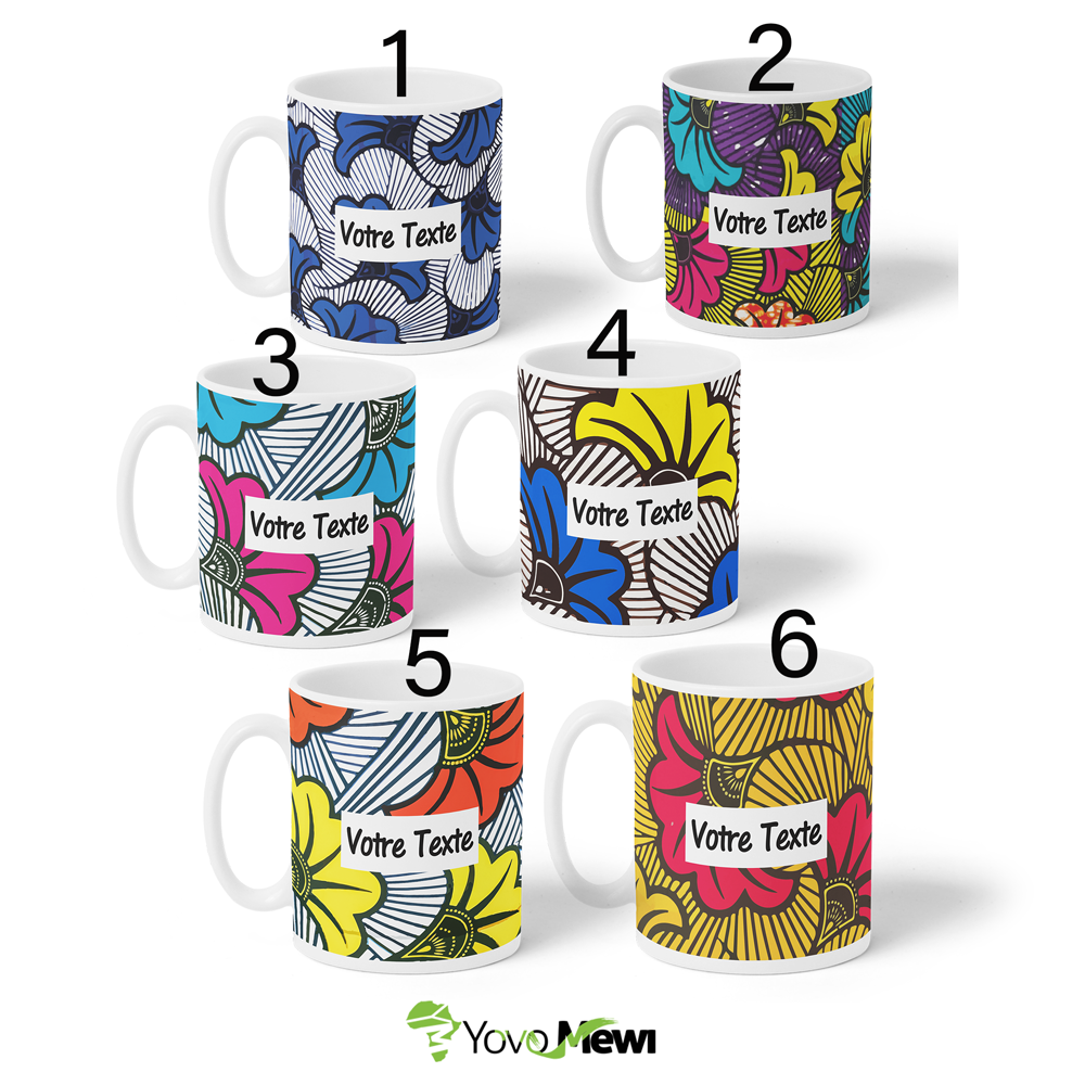 Mug Céramique Fleurs de mariage rouge jaune tissu wax, tasse personnalisable
