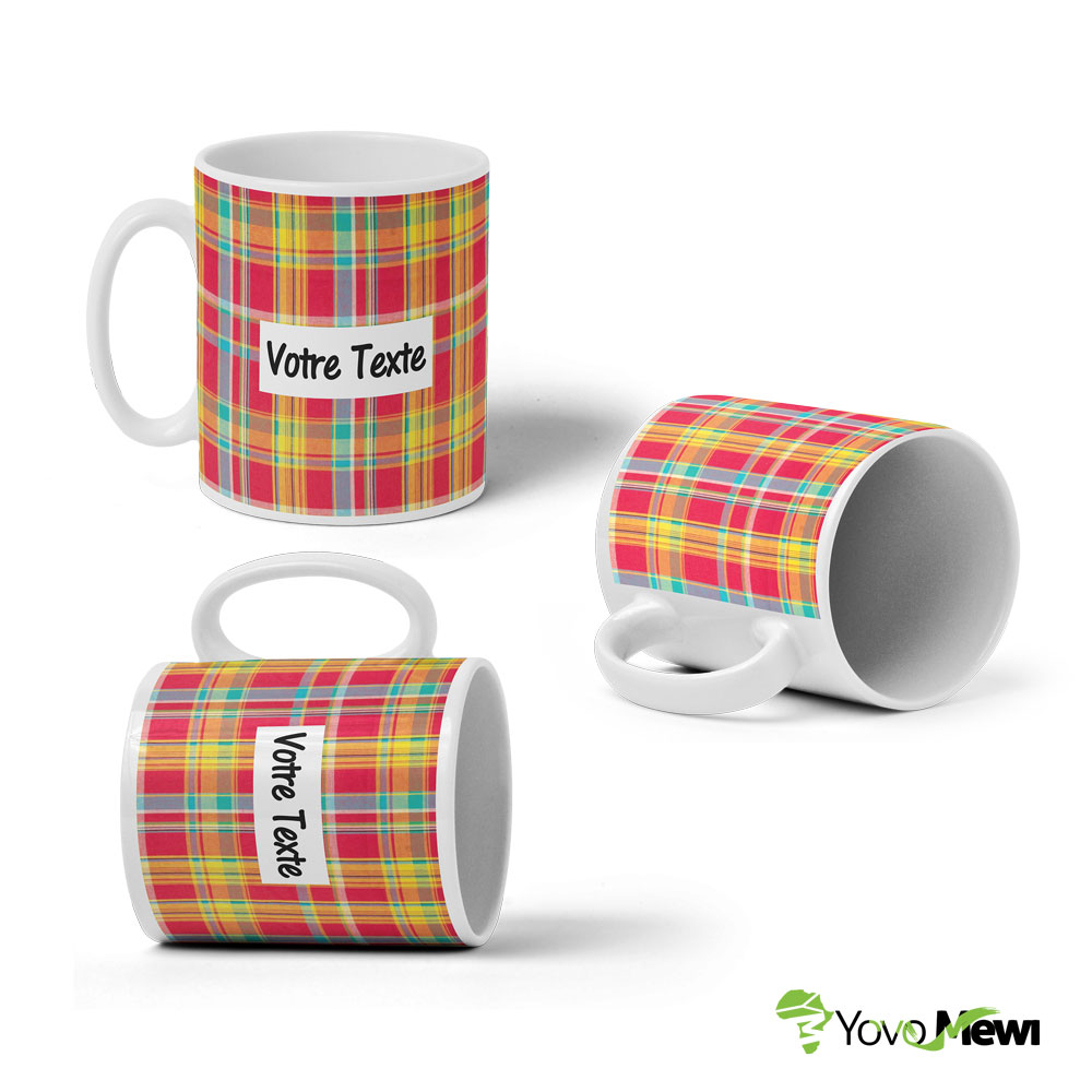 Mug  tissu madras rouge jaune ,mug céramique, perssoalisable,  idée cadeau, mug anniversaire