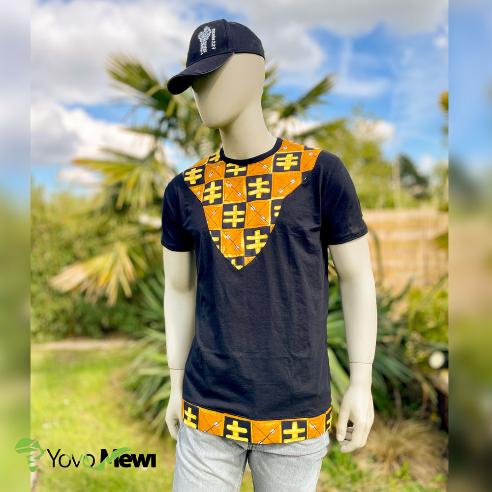 Tee-shirt plastron en tissu wax bogolan, t-shirt mode wax , couleur orange noir jaune