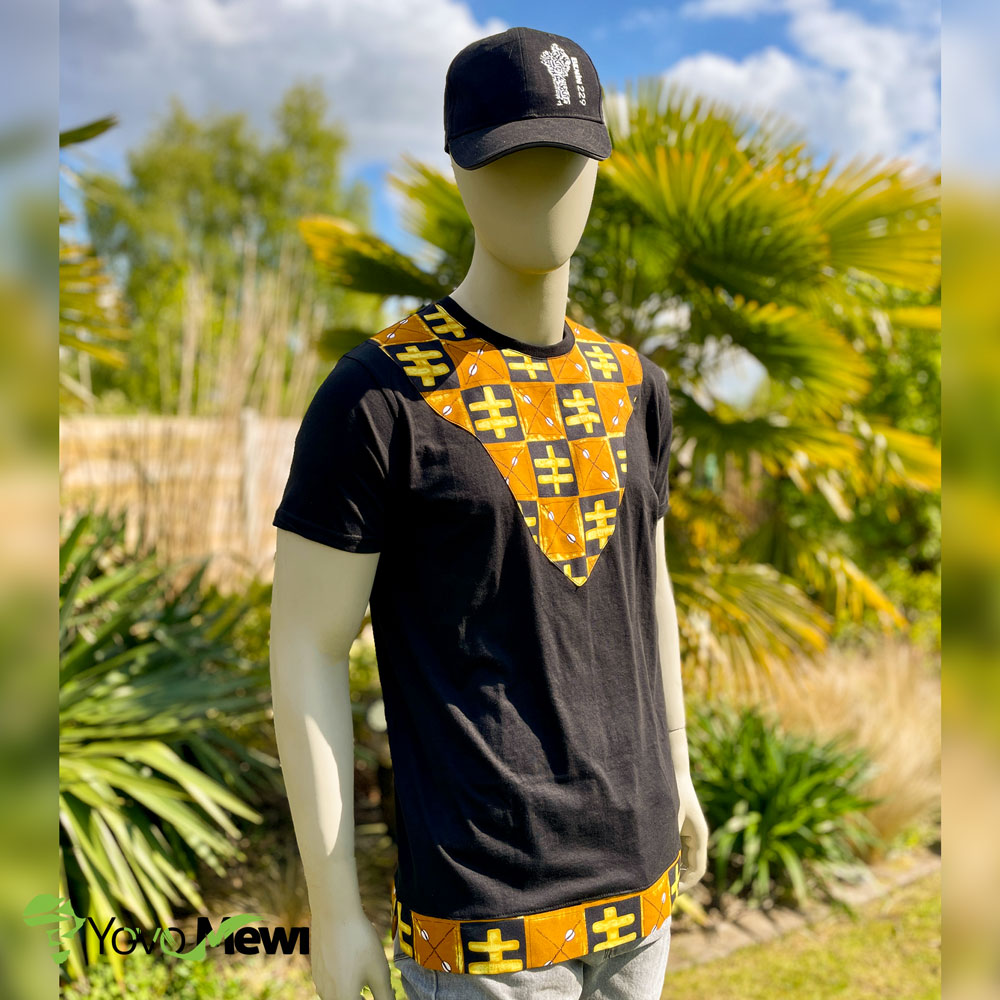 Tee-shirt plastron en tissu wax bogolan, t-shirt mode wax , couleur orange noir jaune