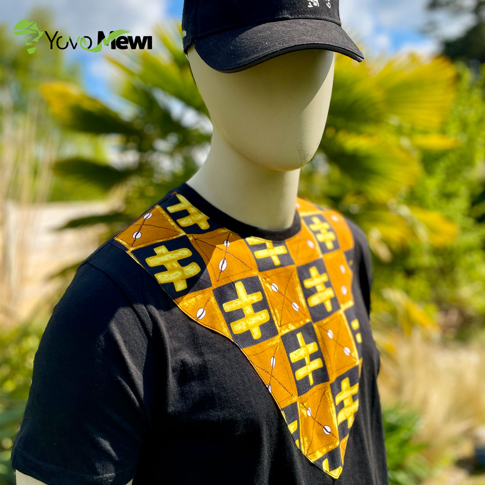 Tee-shirt plastron en tissu wax bogolan, t-shirt mode wax , couleur orange noir jaune