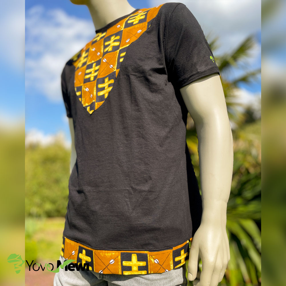 Tee-shirt plastron en tissu wax bogolan, t-shirt mode wax , couleur orange noir jaune