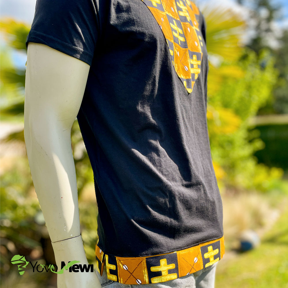 Tee-shirt plastron en tissu wax bogolan, t-shirt mode wax , couleur orange noir jaune