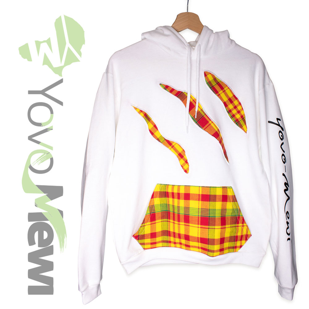 Sweat-shirts  tissu madras griffes, couleur jaune orange, sweat blanc, tissu wax madras