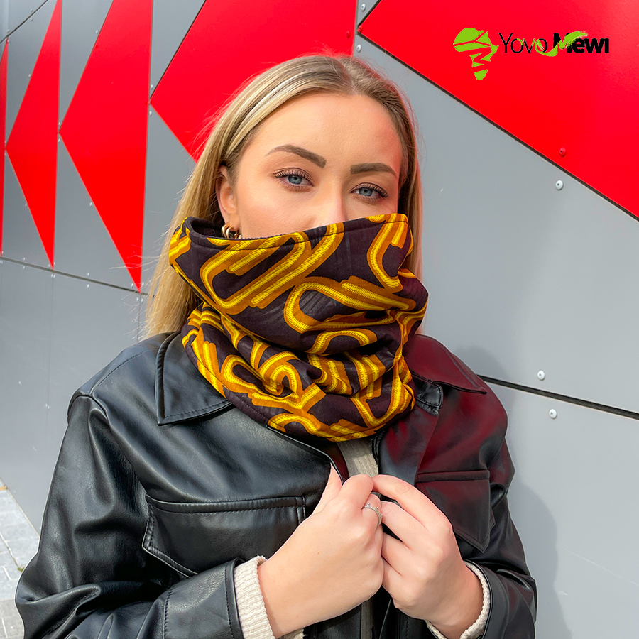 Snood tour de cou en tissu wax, jaune noir et  polaire, écharpe tubulaire n.18