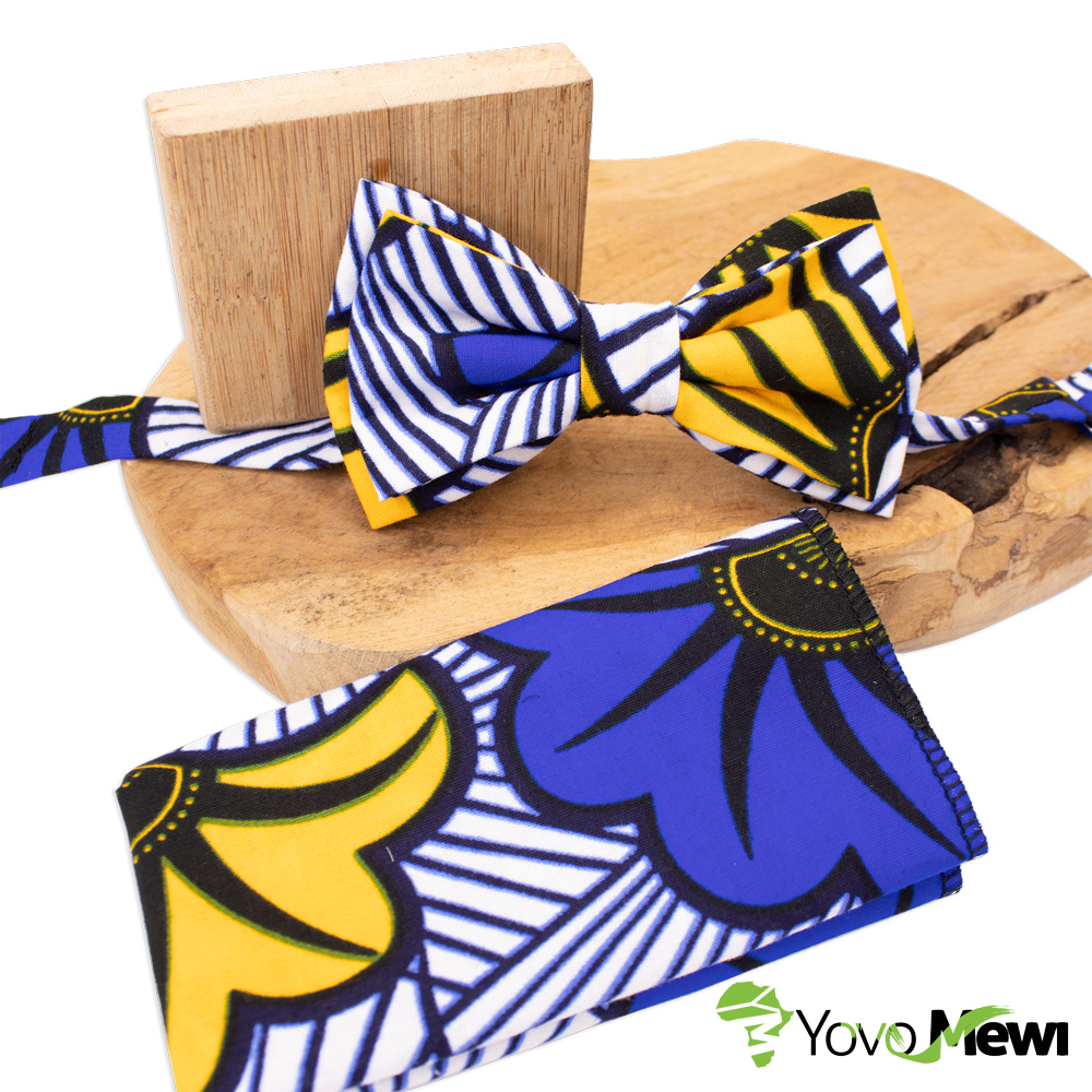 Nœud papillon, Pochette de costume, tissu wax fleurs de mariage jaune bleu, accessoire de Mariage