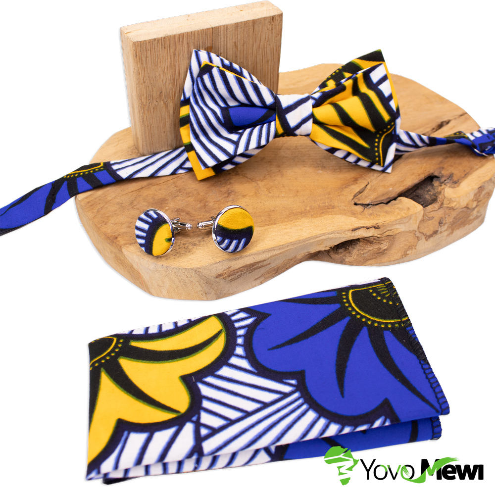 Nœud papillon, Pochette de costume, tissu wax fleurs de mariage jaune bleu, accessoire de Mariage