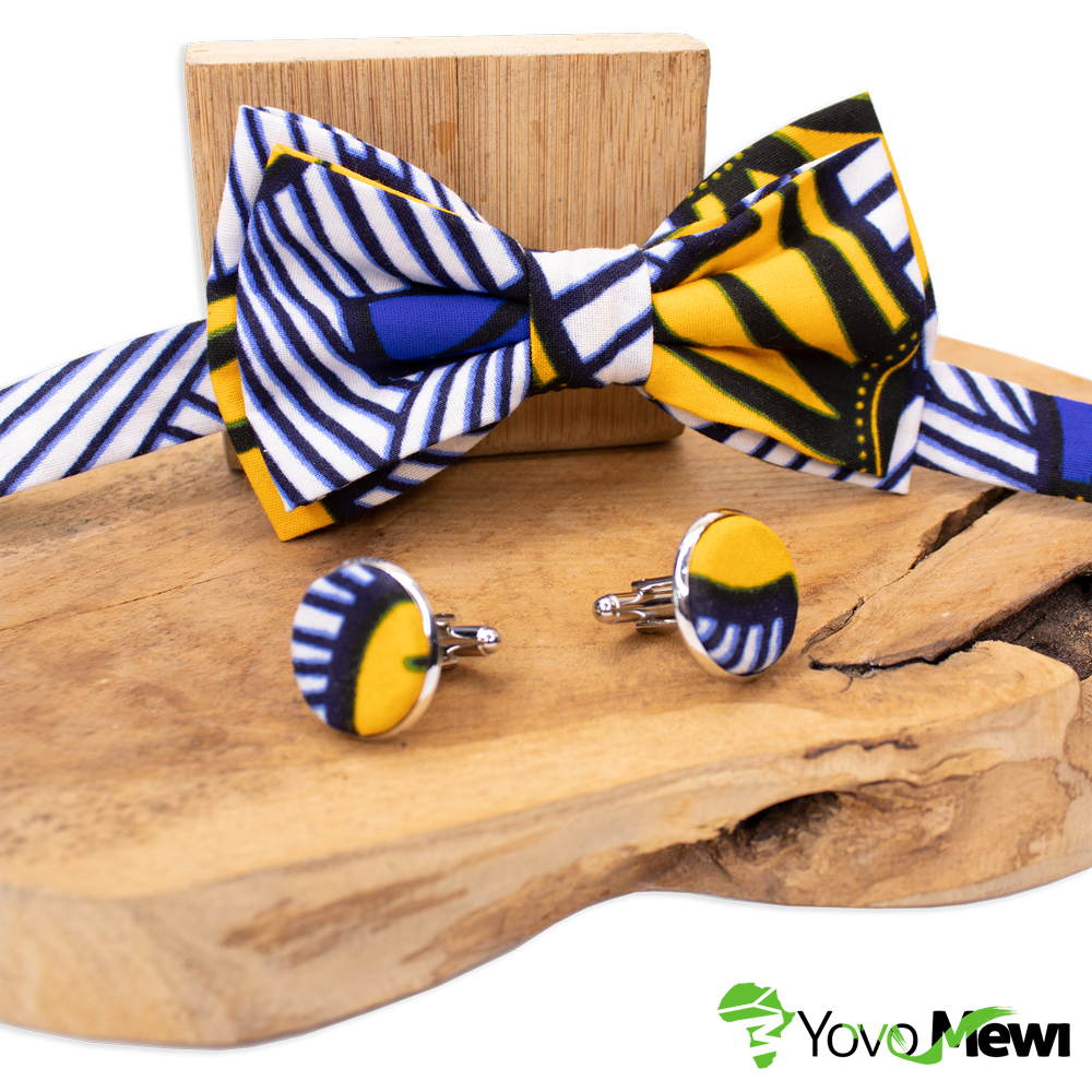 Nœud papillon, boutons de manchettes, tissu wax fleurs de mariage jaune bleu, accessoire de Mariage