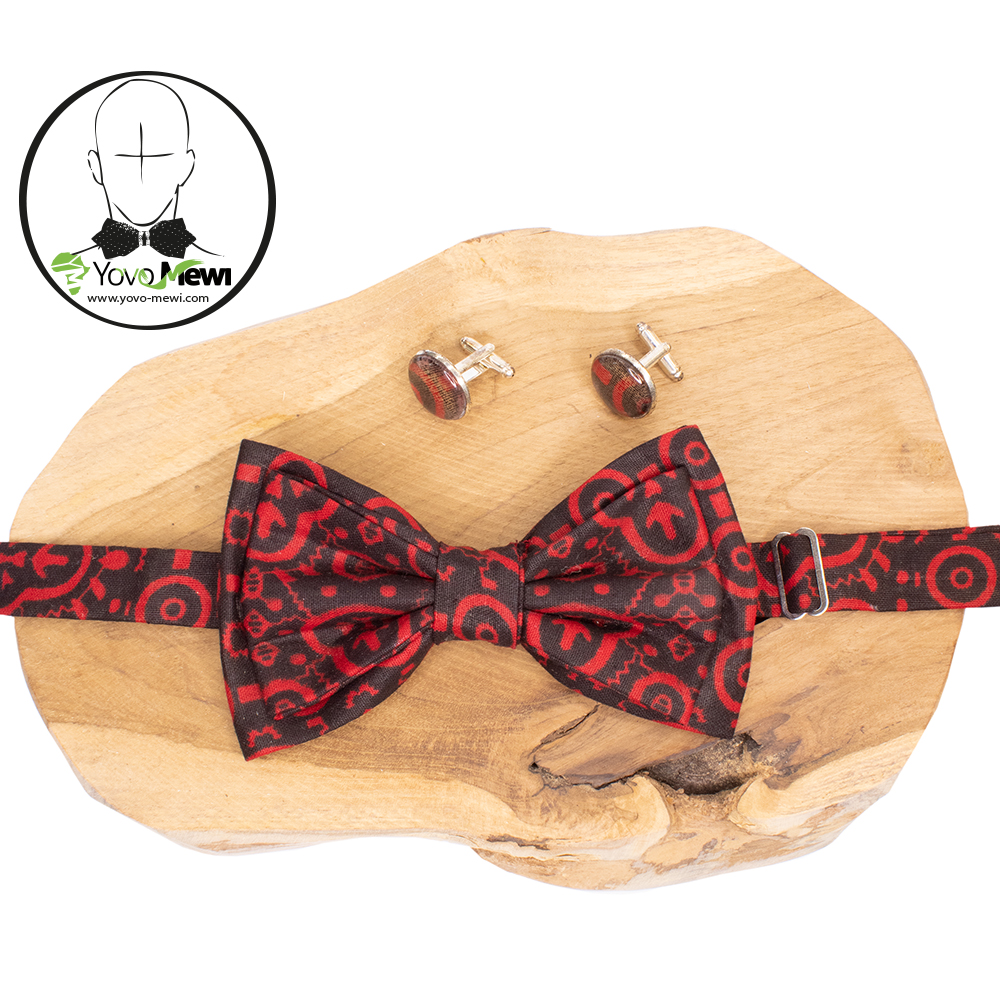 Nœud papillon, boutons de manchettes, tissu wax rouge noir, accessoire de Mariage