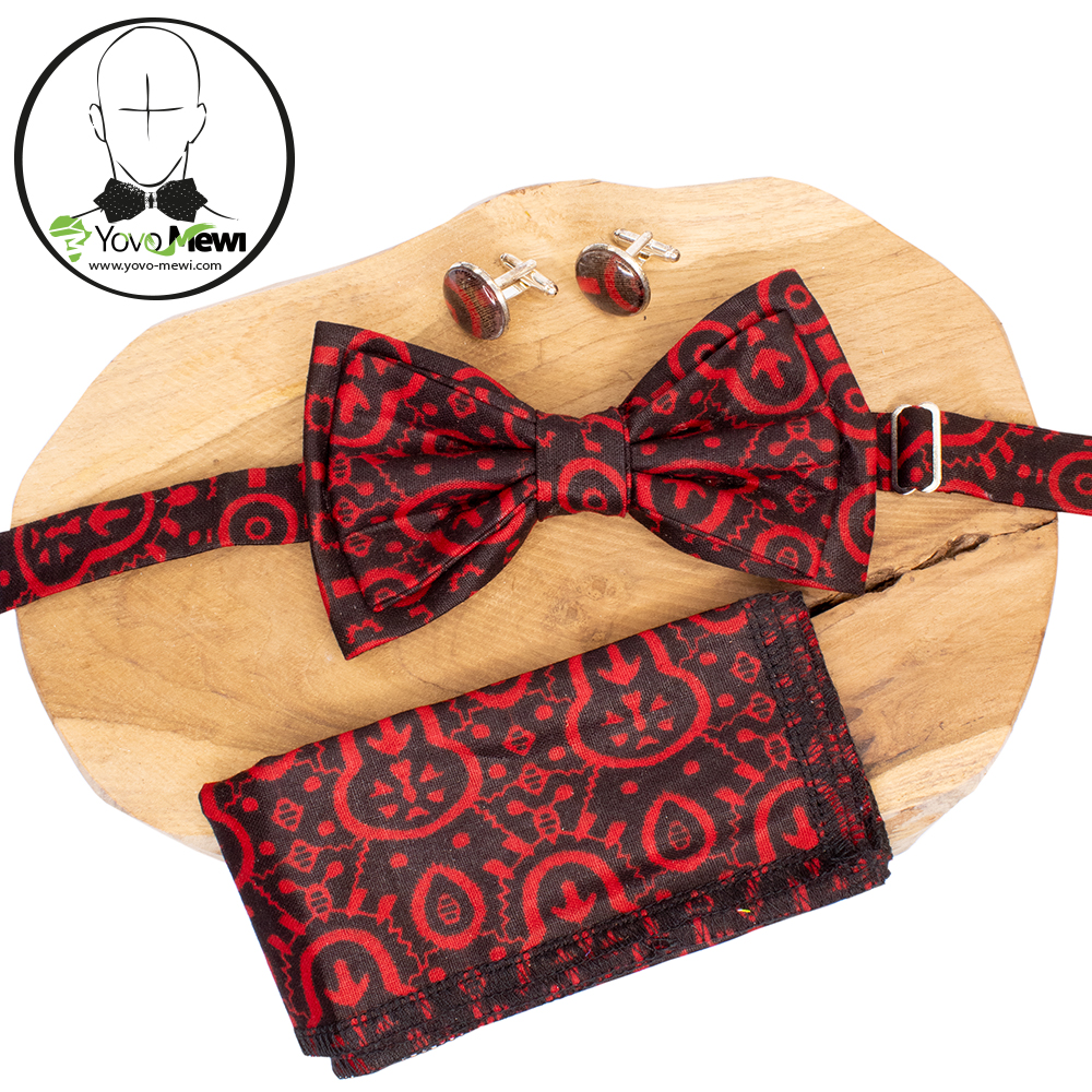 Nœud papillon, boutons de manchettes, tissu wax rouge noir, accessoire de Mariage