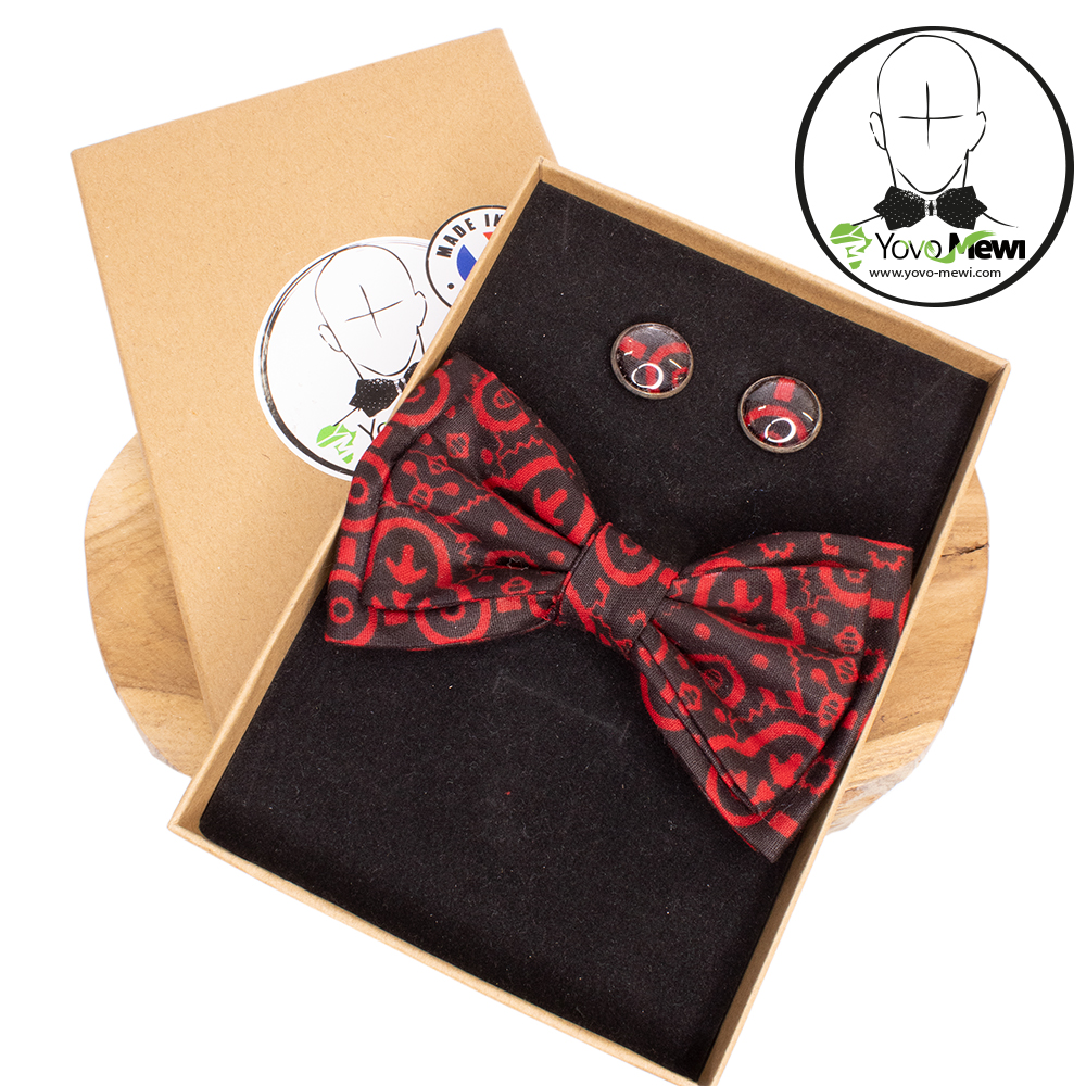 Nœud papillon, boutons de manchettes, tissu wax rouge noir, accessoire de Mariage