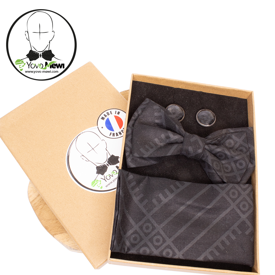 Ensemble 3 pièces Nœud papillon, boutons de manchettes, pochette de costume tissu wax bogolan noir, accessoire de Mariage