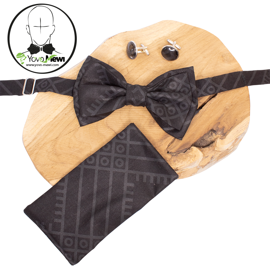 Nœud papillon, pochette de costume, tissu wax noir, accessoire de Mariage