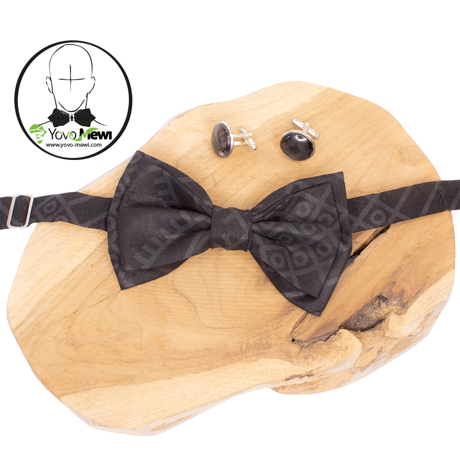 Nœud papillon, boutons de manchettes, tissu wax bogolan noir, accessoire de Mariage