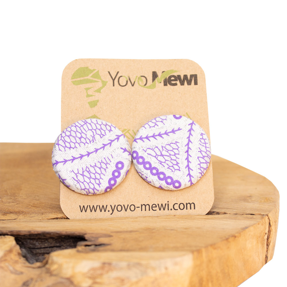 Boucles d'oreilles boutons puces, tissu wax blanc violet pailletés, bijoux wax   n°14