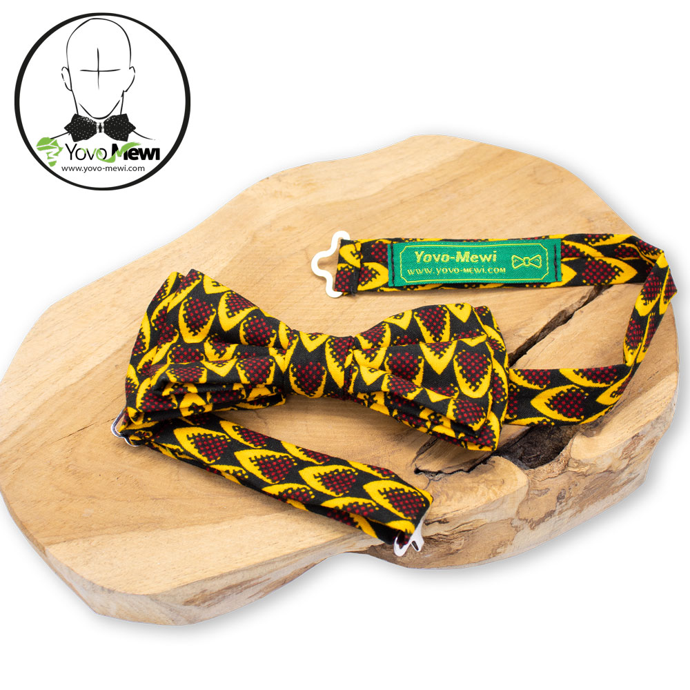 Nœud papillon tissu wax écaille de poisson noir jaune, enfant adulte, accessoire de Mariage, cérémonie cadeau