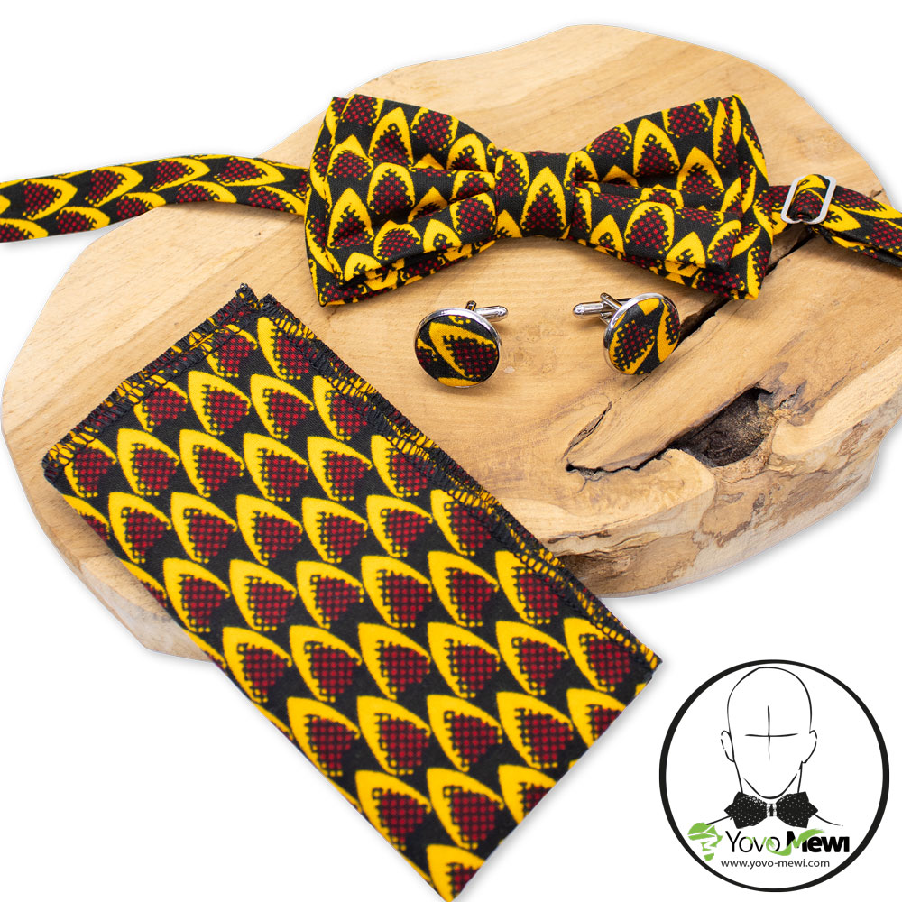 Nœud papillon wax écailles de poisson  boutons de manchettes, tissu wax noir jaune