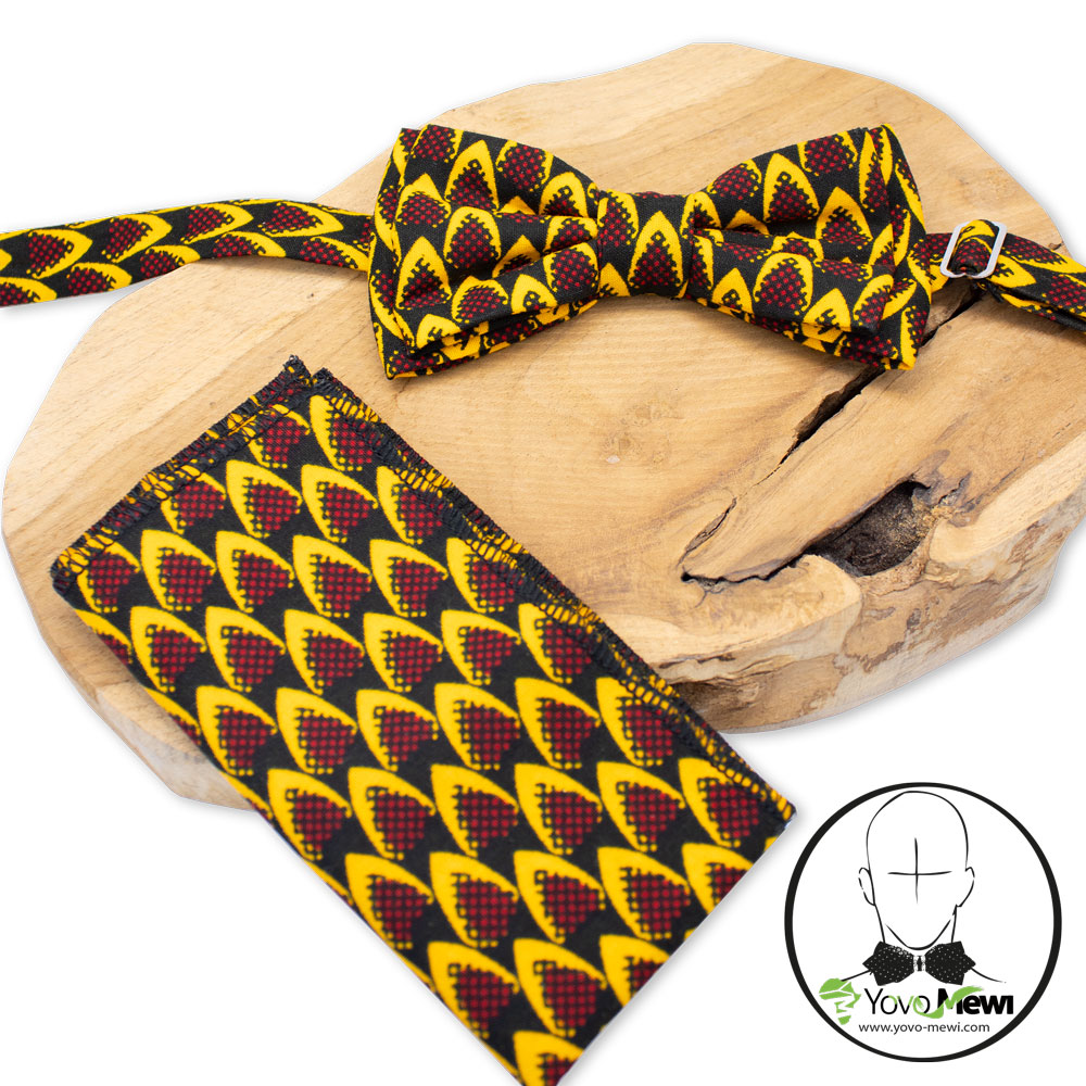 Nœud papillon wax écailles de poisson pochette de costume, tissu wax noir jaune