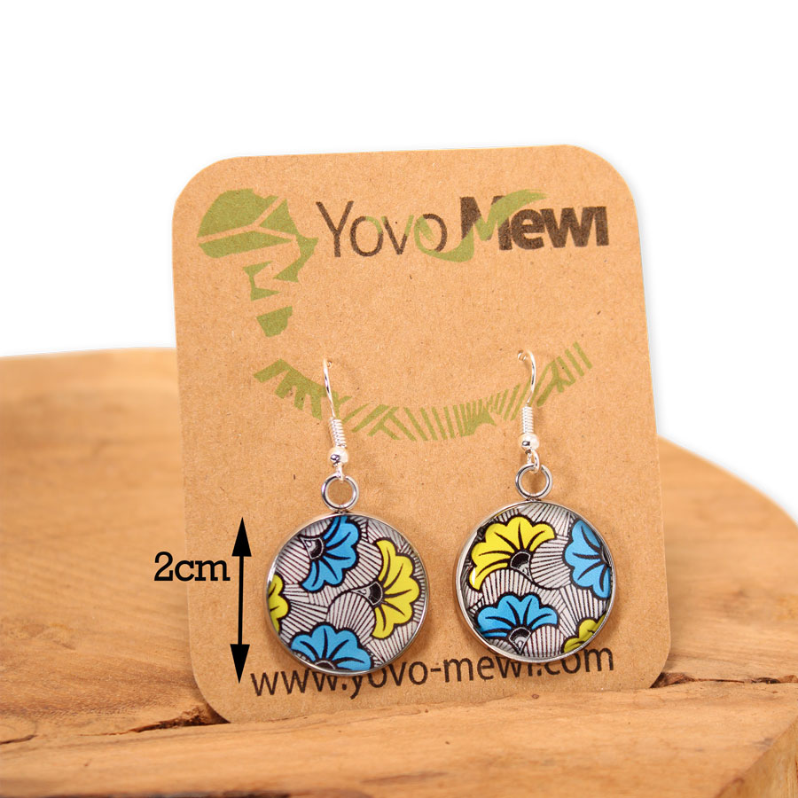 Boucles d'oreilles en tissu Fleurs de mariage bleu jaune, bijoux boucles pendantes cabochon résine, n.9